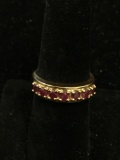 Seven 3mm Round Ruby Gemstones 5mm Wide Tapered Gold-Tone Sterling Silver Ring Band-Size 7
