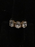 CL Designed Three Oval Faceted 8x5mm Zircon Gold-Tone Sterling Silver Three-Stone Ring Band-Size 7