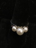 Round 7mm White Pearl Center w/ Twin 5mm Pearl Sides & Ruby Accents Sterling Silver Three Stone Ring
