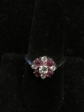 Four Pink Sapphire Cabochons w/ Five Round Faceted Zircon Cluster Sterling Silver Ring Band-Size 8