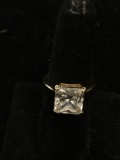 Princess Faceted 10x10mm Zircon Center 4.0mm Wide Shank Gold-Tone Sterling Silver Solitaire Ring