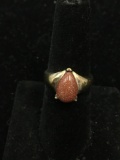 Pear Fashioned 12x8mm Golden Sunstone Cabochon UTC Designed Gold-Tone Sterling Silver Ring Band-Size