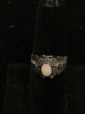 Hand-Engraved Butterfly Motif Vintage 12mm Wide Tapered Sterling Silver Ring Band w/ Mother of Pearl