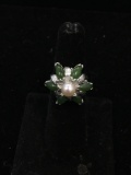 Interesting 20mm Floral Design w/ Six Green Jade Petals & 6mm White Pearl Center 14kt White Gold
