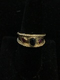 Oval Faceted 6x4mm Midnight Sapphire w/ Kite Set Princess Ruby Accents 10mm Wide Tapered Sterling