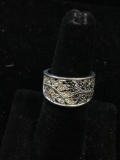 Marcasite & Zircon Encrusted Milgrain Leaf Pattern 12mm Wide Tapered Sterling Silver Ring Band-Size