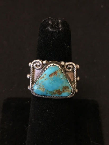 Rope Framed Triangular Turquoise Cabochon Center 15mm Wide Tapered Sterling Silver Ring Band-Size 6