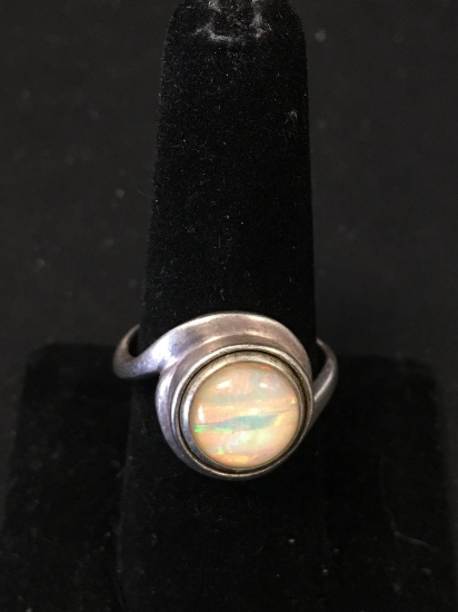 Bezel Set Round Opal Cabochon Center Swirl Design Sterling Silver Bypass Ring Band - Size 9.5