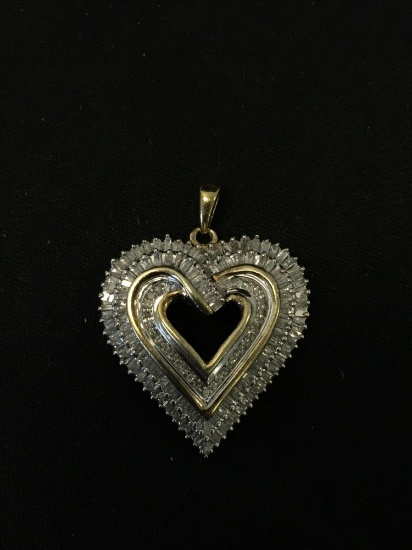 Round & Baguette Faceted Diamond Encrusted Two-Tone 1.25in Tall Sterling Silver Ribbon Heart Pendant