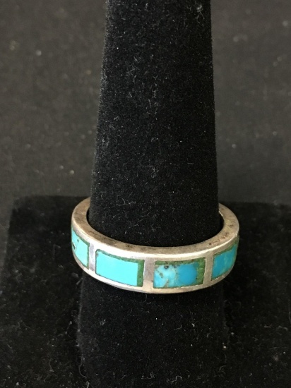 Signed Designer Rectangular Turquoise Inlaid 6mm Wide Sterling Silver Eternity Ring Band - Size 10.5