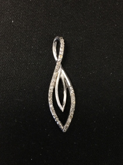 Round Diamond Accented Twin Ribbon Marquise Design 1.25" Long Sterling Silver Pendant