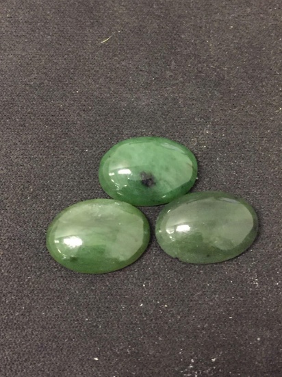 Lot of Three Loose 18x13mm Green Jade Polished Cabochon Gemstones - 30 Carats Total Weight