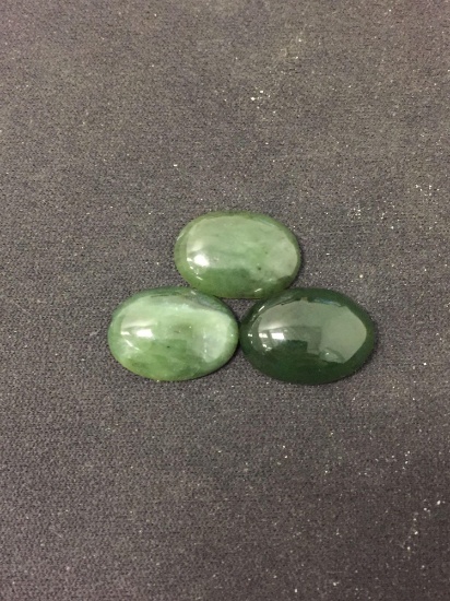 Lot of Three Loose 18x13mm Green Jade Polished Cabochon Gemstones - 30 Carats Total Weight