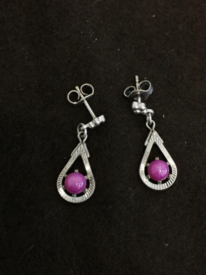 Anson Designed Pink Star Sapphire Cabochon Diamond Cut Accented Halo 1" Long Pair of Sterling Silver