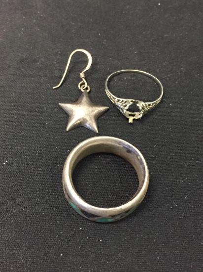 Lot of Three Sterling Silver Items, One Single Puffy Star Earring & Semi-Mount No Center & 8mm Band
