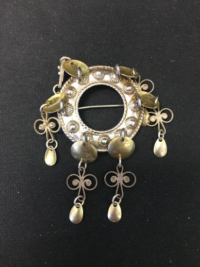 East Indian Style Two-Tone 2.5" Long Sterling Silver Chandelier Brooch