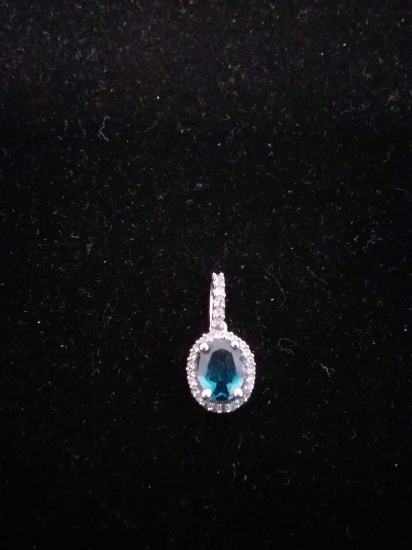 PM Designed Oval Faceted 8x6mm London Blue Topaz w/ Zircon Halo & Bail Sterling Silver Pendant