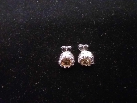 Round Faceted 5mm Citrine w/ Diamond Accented Halo Signed Designer Pair of Sterling Silver Stud