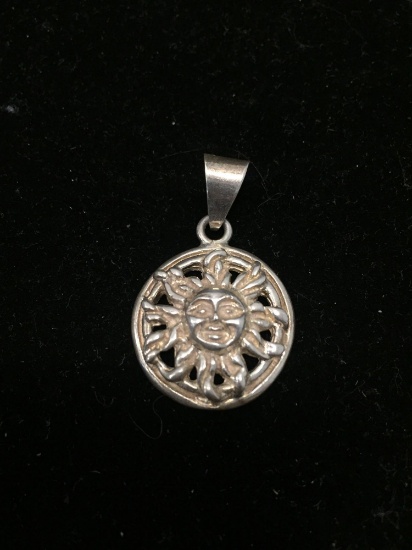 Whimsical Round 1in Sun Face Design Sterling Silver Pendant