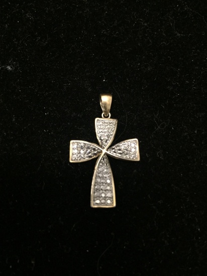 DBT Designed Single Diamond Accented Twisted Ribbon Style Two-Tone Sterling Silver Cross Pendant