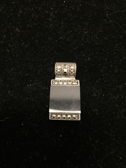 SU Thai Designed Square 13mm Onyx Tile Inlaid Marcasite Accented Sterling Silver 1.25in Long Pendant