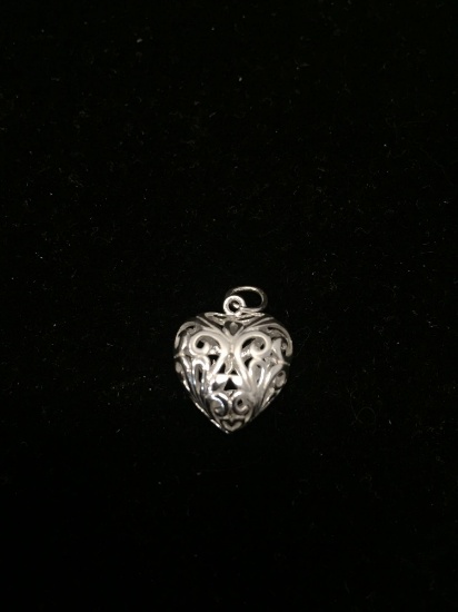 Filigree Decorated 0.75in Puffy Heart Sterling Silver Pendant