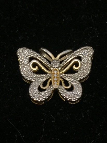 JCM Designed Single Diamond Accented Two-Tone Sterling Silver Butterfly Pendant