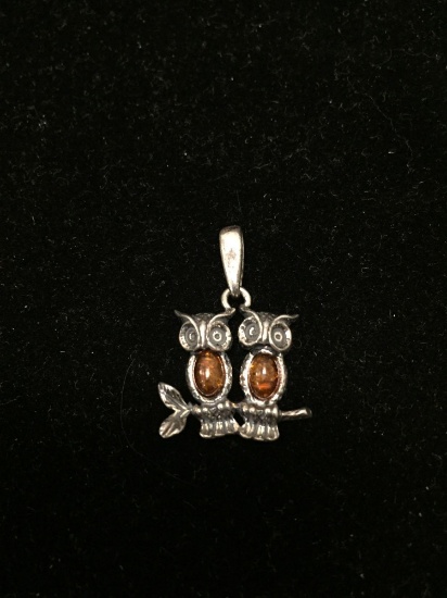 Twin Owl Motif 1in Tall Sterling Silver Pendant w/ Twin Oval Amber Cabochon Accents