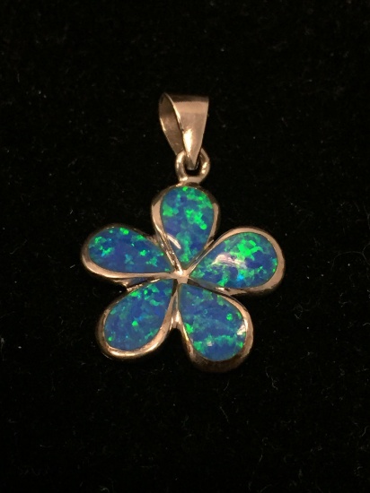 Opalite Inlaid Round 1in Five Petal Sterling Silver Flower Blossom Pendant