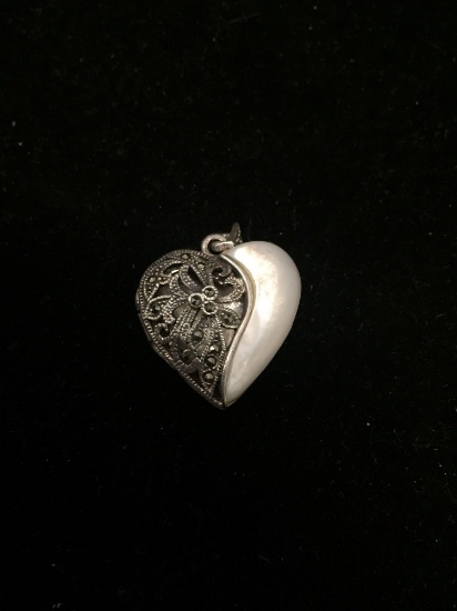 Detailed 1.25in Sterling Silver Heart Pendant w/ Mother of Pearl Crescent & Marcasite Filigree