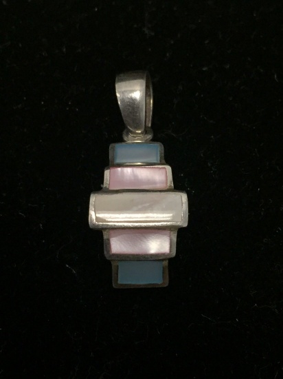 Graduating Inlaid Multi-Colored Mother of Pearl 1in Long Sterling Silver Pendant