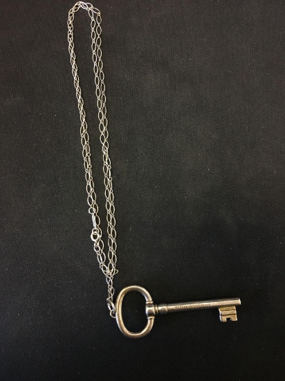 Large Tiffany & Co Designed 2.5in Long Sterling Silver Skeleton Key Pendant w/ Designer 24in Chain