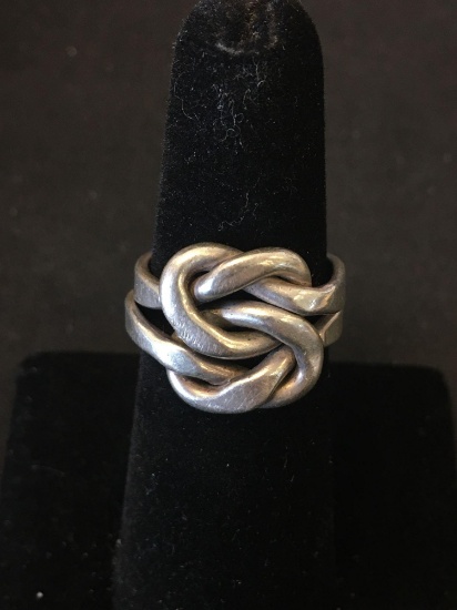 Unique Hand-Crafted Interlocking Twin Knots 15mm Wide Sterling Silver Ring Band-Size 6.5