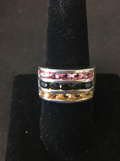 STS Designed 13mm Wide Triple Row of Faceted Pink, Green & Yellow Spinel Gems Sterling Silver Ring