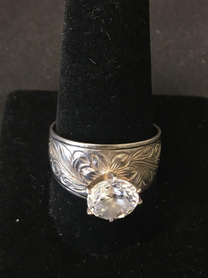 High Set Round Faceted 9mm Zircon Center 13mm Wide Tapered Filigree Decorated Sterling Silver Ring