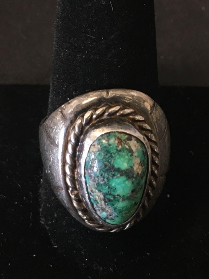 Rope Framed 16mm Tumbled Turquoise Center Hand-Carved 25mm Wide Tapered Sterling Silver Ring