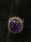 Large 19x14mm Oval Amethyst Cabochon w/ Bead Style Halo Sterling Silver Cocktail Ring Band-Size 7
