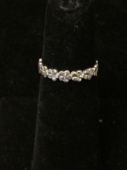 Signed Designer Floral Blossom Motif 3mm Wide Sterling Silver Eternity Ring Band-Size 4