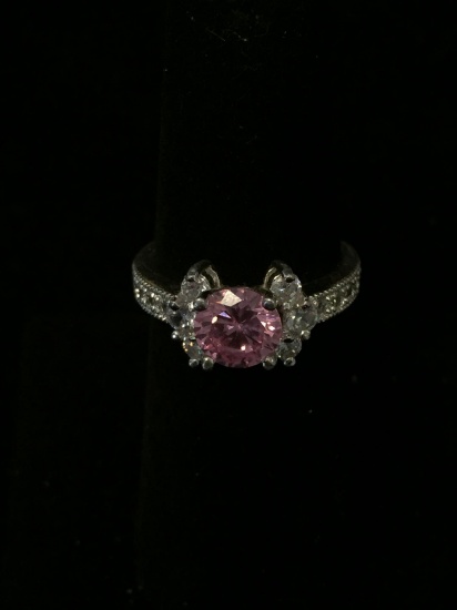 Round Faceted 6.5mm Pink Zircon Center w/ White Zircon Sides Sterling Silver Ring Band-Size 6.5