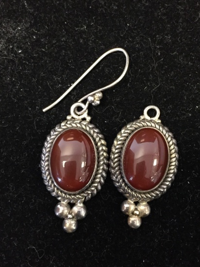 Indonesian BA Designed Rope Framed Oval 14x9mm Carnelian Onyx 1in Long Pair of Sterling Silver Drop