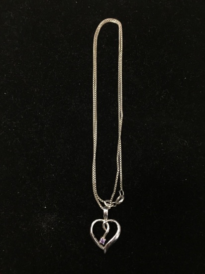 Round 2.5mm Amethyst Accented 1in Long Sterling Silver Ribbon Heart Pendant w/ 20in Box Link Chain