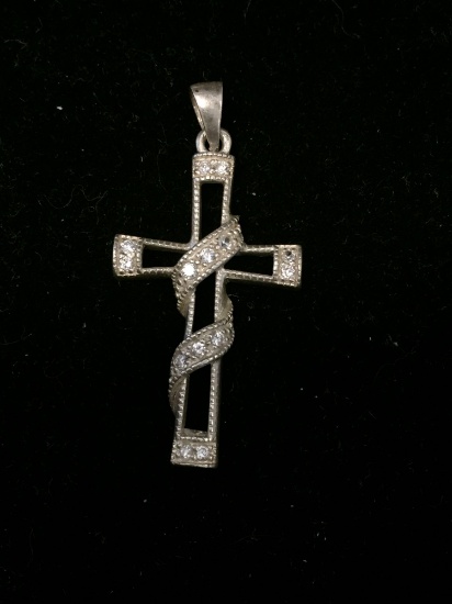 JJJ Designed Zircon Ribbon Wrapped 1.5in Tall Sterling Silver Cross Pendant