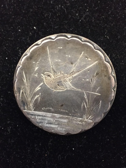 Round 32mm Hand-Engraved Gliding Sparrow Motif Sterling Silver Brooch
