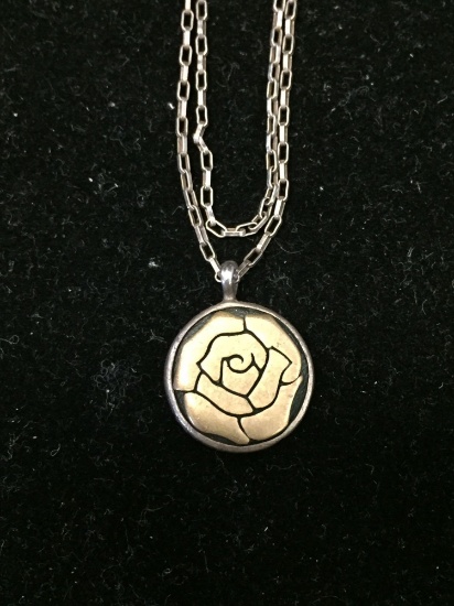 Signed Designer Indonesian Made Rose Bud Motif Round 14mm Sterling Silver Pendant w/ 26in Chain