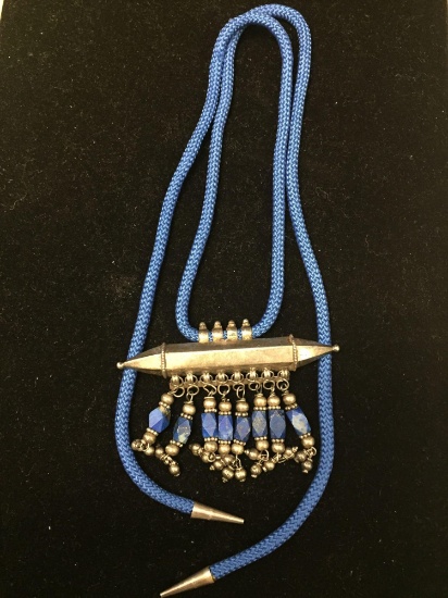 Indonesian Styled 3.5in Long Sterling Silver Handmade Chandelier Pendant w/ Lapis Accents & 30in