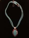 Oval 2in Long Sterling Silver Pendant w/ Oval Turquoise Cabochon & Coral Inlaid Accents w/ 18in