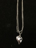 Heart Motif 1in Long Sterling Silver Pendant w/ 26in Curb Link Chain