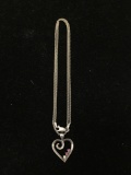 Scroll Ribbon Heart Motif 1in Tall Sterling Silver Pendant w/ Tourmaline Accents & 18in Long Wheat