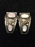 Matched Pair of Old Pawn Native American Styled Mother of Pearl Accented 1in Long Sterling Silver