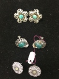 Lot of Three Turquoise Cabochon Accented Silver-Tone Alloy Matched Pairs of Earrings
